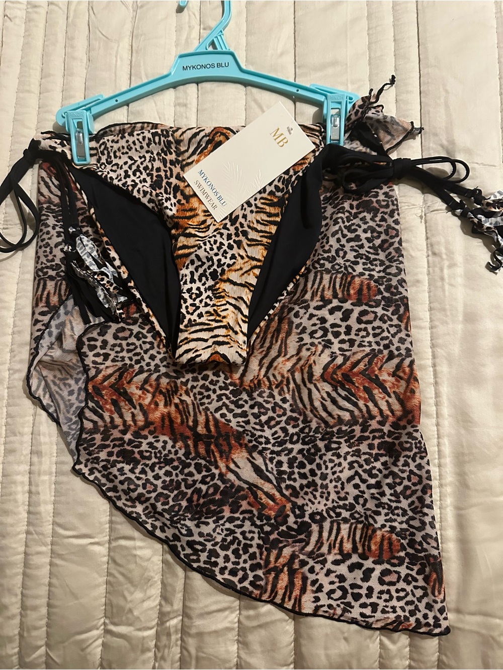 Mykonos Blu reversible tie-side bikini  in leopard tiger print. with Sarong -